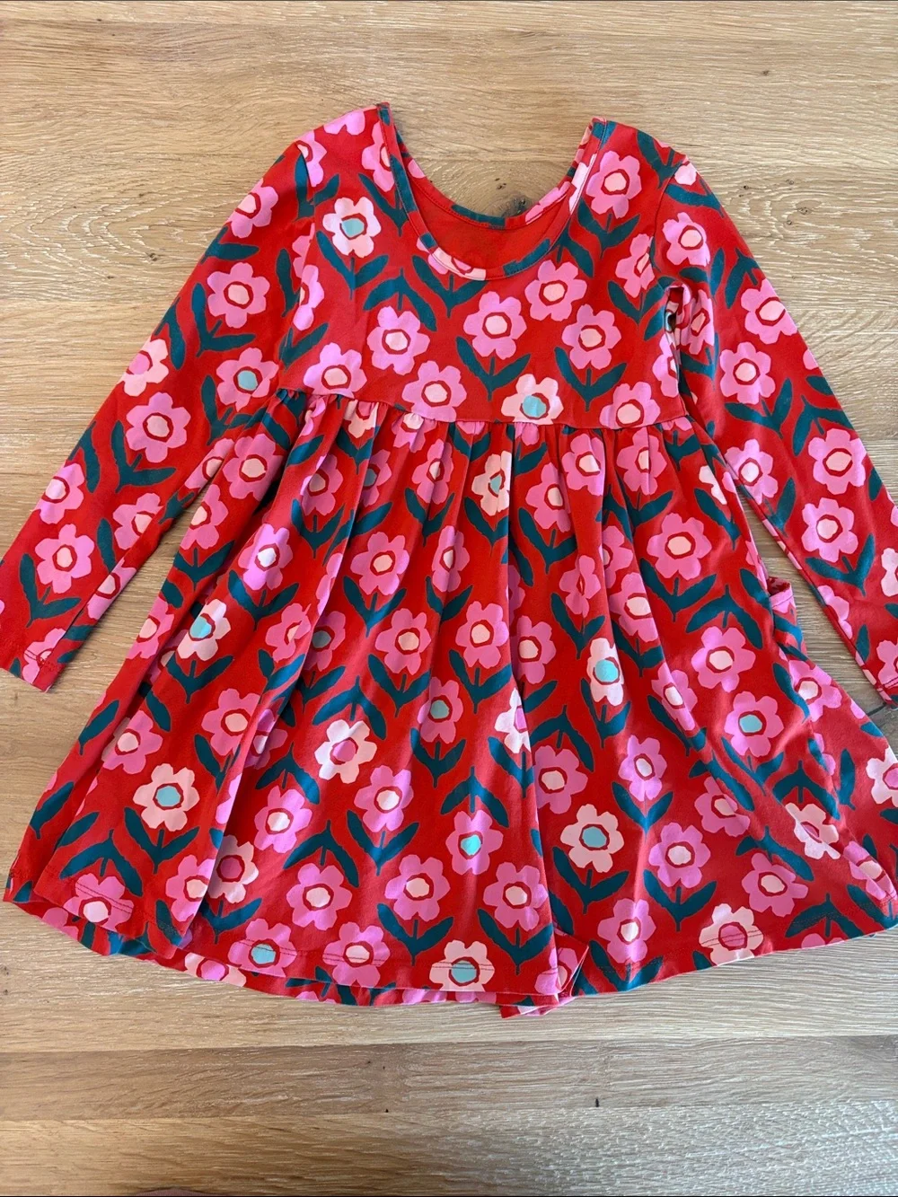 Hanna Andersson Red Floral Long Sleeve Twirl Dress with Pink Flowers